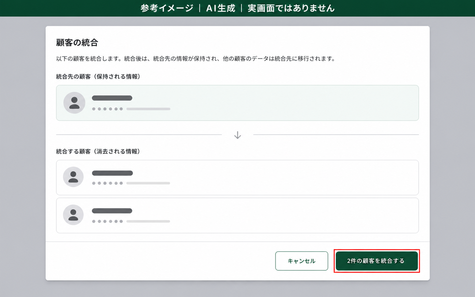 AI生成による参考イメージ。実画面ではない。顧客の統合ダイアログ下部。赤枠=「◯件の顧客を統合する」ボタン