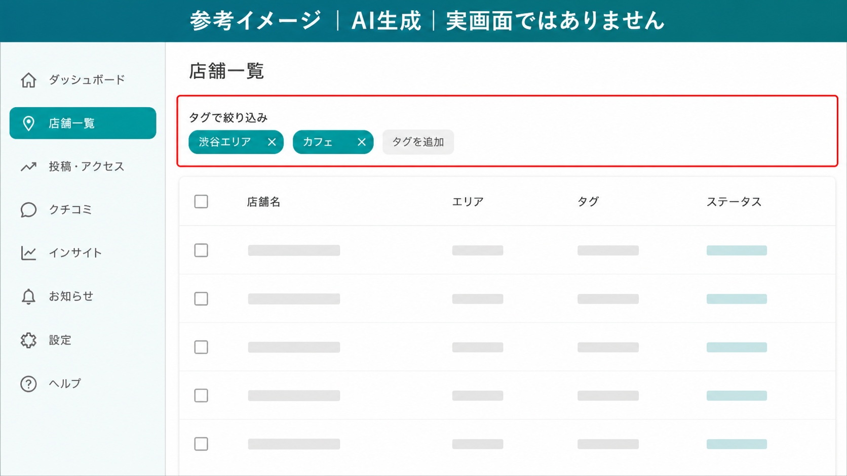 AI生成による参考イメージ。実画面ではない。店舗一覧の上部。赤枠=「タグで絞り込み」欄と選択中のタグ