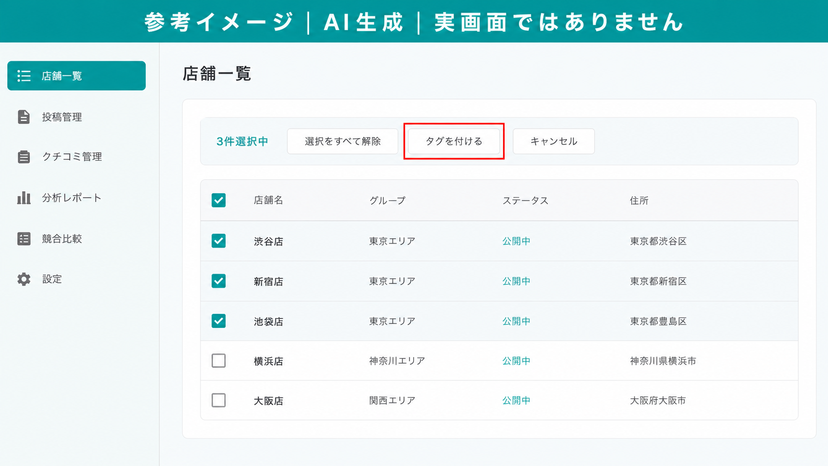 AI生成による参考イメージ。実画面ではない。店舗を複数選択した状態の店舗一覧。赤枠=「タグを付ける」ボタン
