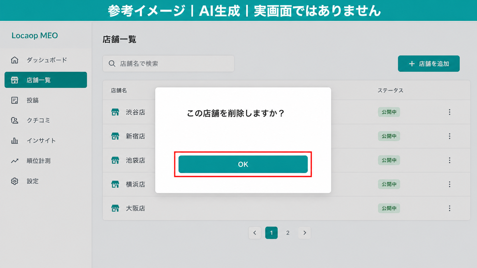 AI生成による参考イメージ。実画面ではない。「この店舗を削除しますか？」の確認ダイアログ。赤枠=入力欄と「OK」ボタン