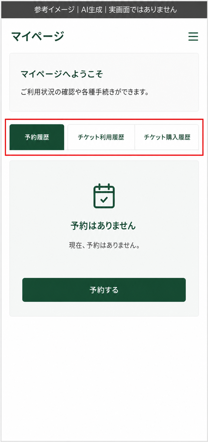 AI生成による参考イメージ。実画面ではない。マイページトップ。赤枠=「予約履歴」「チケット利用履歴」「チケット購入履歴」のタブ